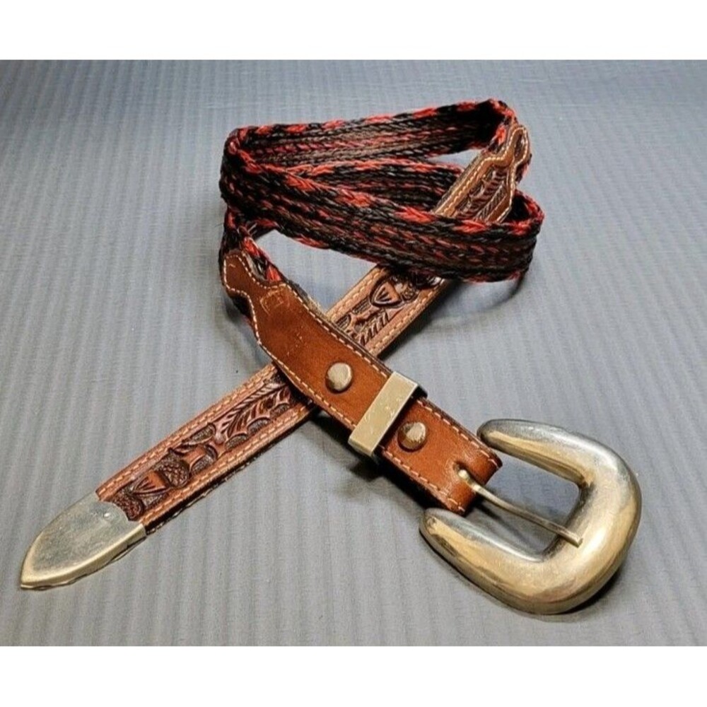 Vtg HORSE HAIR handcrafted belt NATIVE AMERICAN indian 34 tooled leather 1980s